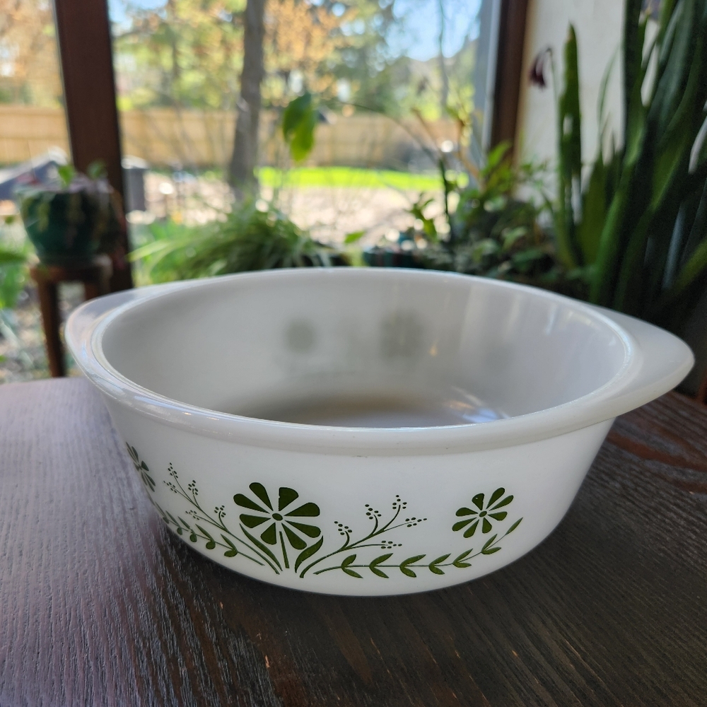 Vintage Glasbake Green Daisy Milk Glass Casserole Serving Bowl